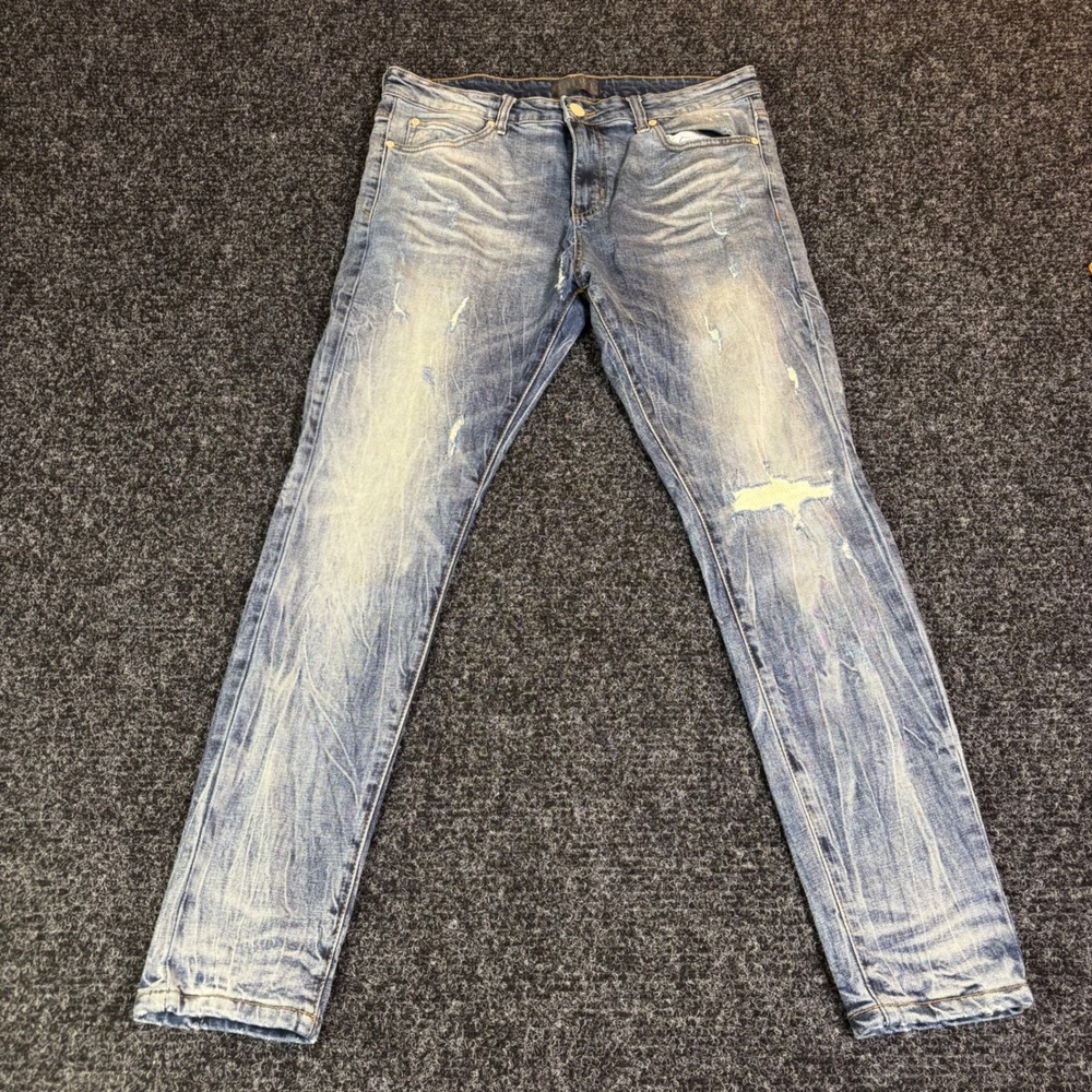 THRT Denim Mens 36 Distressed Slim Fit Jeans Blue Medium Wash Ripped Streetwear